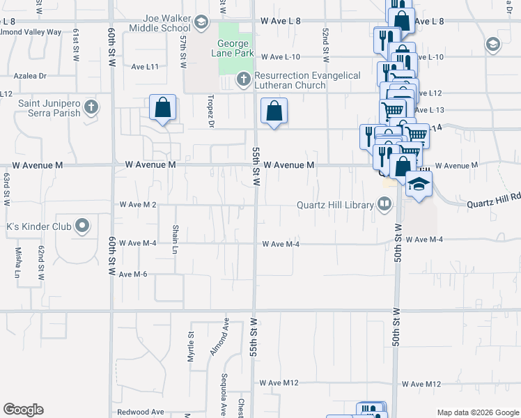 map of restaurants, bars, coffee shops, grocery stores, and more near 5357 West Avenue M 2 in Lancaster