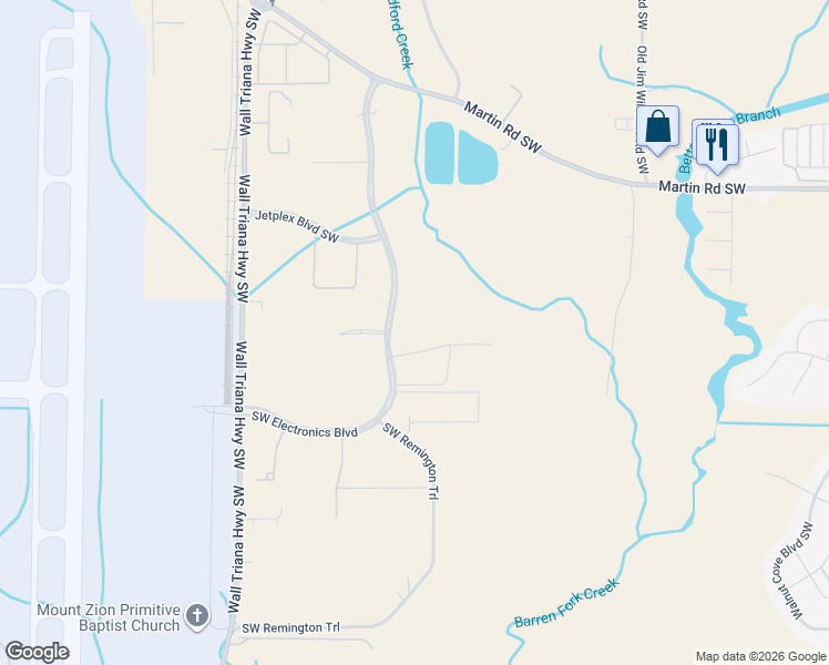 map of restaurants, bars, coffee shops, grocery stores, and more near 201 Finney Road Southwest in Huntsville