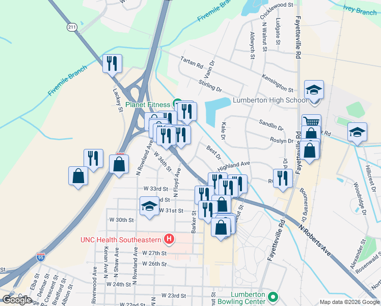 map of restaurants, bars, coffee shops, grocery stores, and more near 109 Fuller Avenue in Lumberton