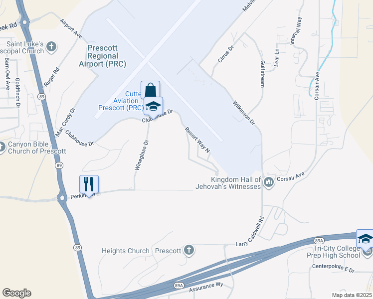 map of restaurants, bars, coffee shops, grocery stores, and more near 2168 Clubhouse Drive in Prescott