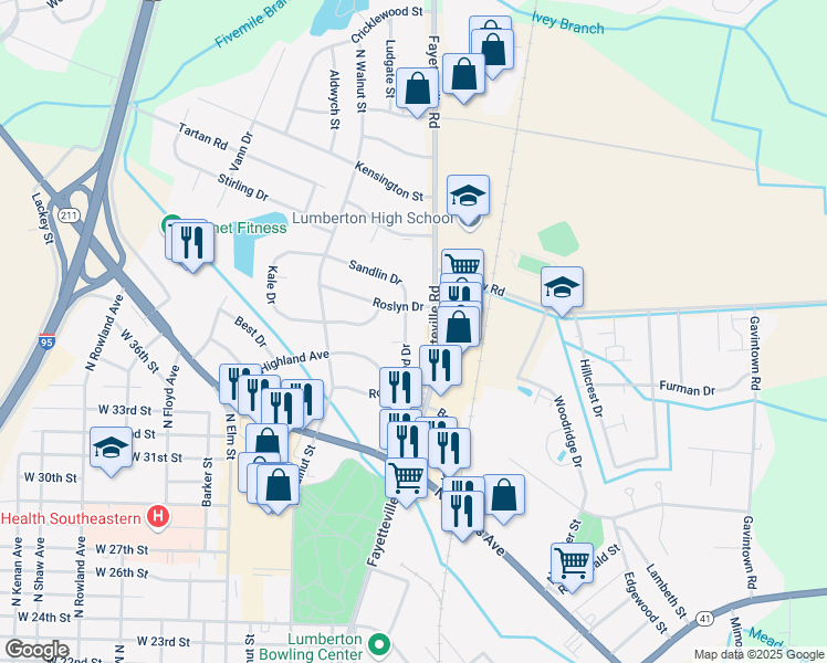 map of restaurants, bars, coffee shops, grocery stores, and more near 3581 Rosewood Drive in Lumberton