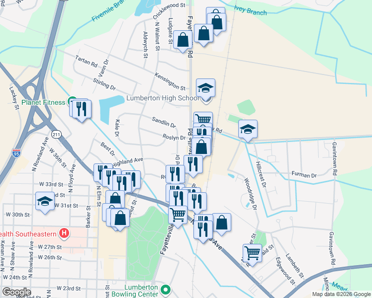 map of restaurants, bars, coffee shops, grocery stores, and more near 5604 Fayetteville Road in Lumberton