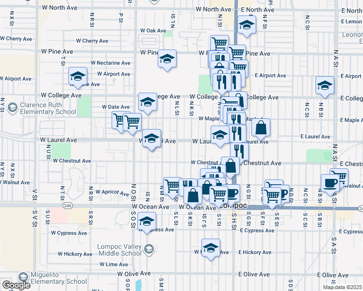 map of restaurants, bars, coffee shops, grocery stores, and more near 401 North K Street in Lompoc