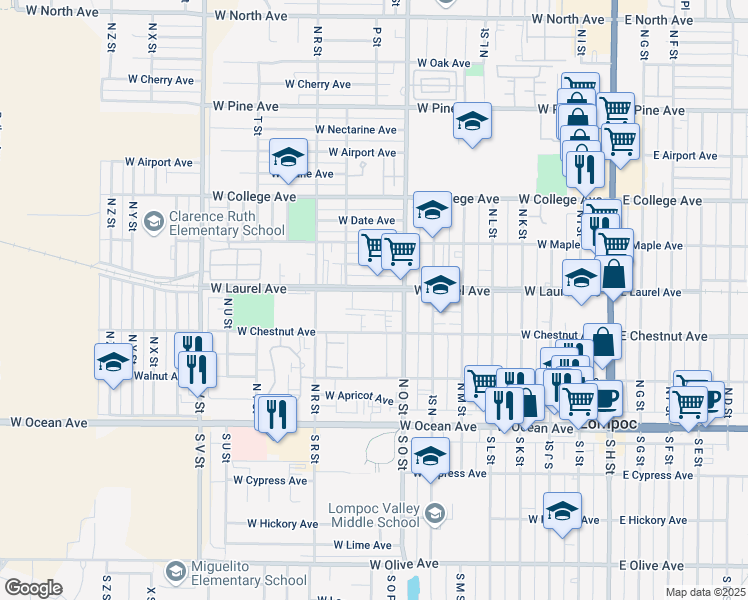 map of restaurants, bars, coffee shops, grocery stores, and more near 901 West Laurel Avenue in Lompoc