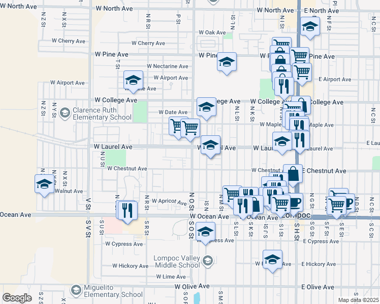 map of restaurants, bars, coffee shops, grocery stores, and more near 800 West Laurel Avenue in Lompoc