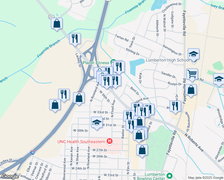 map of restaurants, bars, coffee shops, grocery stores, and more near 2710 North Roberts Avenue in Lumberton