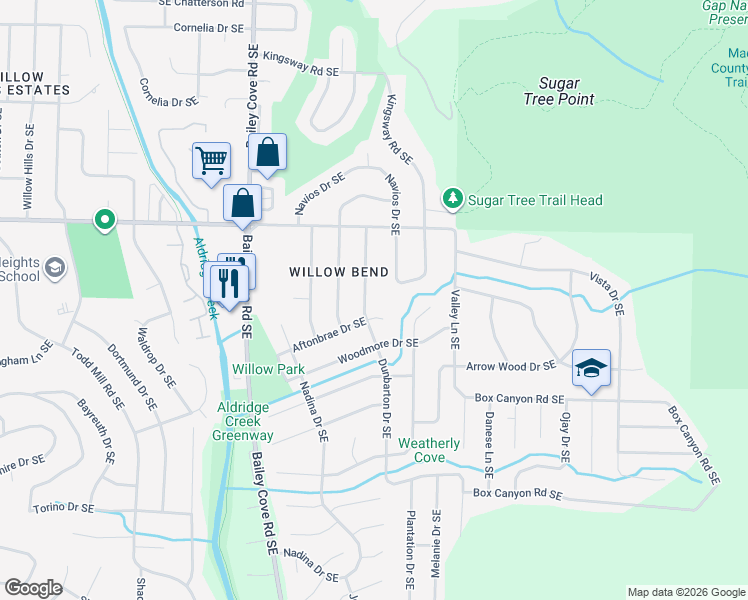 map of restaurants, bars, coffee shops, grocery stores, and more near 10019 Dunbarton Drive Southeast in Huntsville