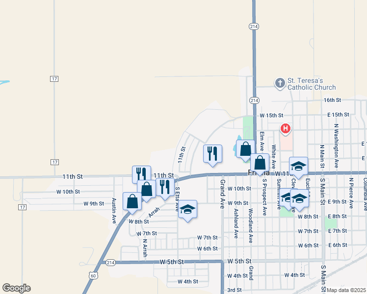 map of restaurants, bars, coffee shops, grocery stores, and more near 1103 11th Street in Friona