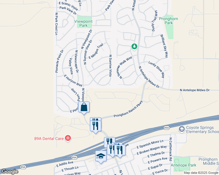 map of restaurants, bars, coffee shops, grocery stores, and more near 7477 E Sunrise Pl in Prescott Valley
