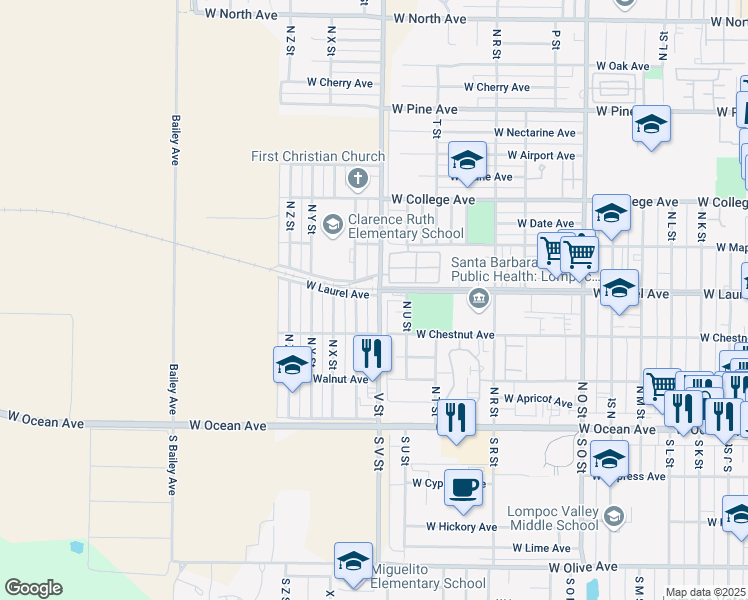 map of restaurants, bars, coffee shops, grocery stores, and more near 325 V Street in Lompoc