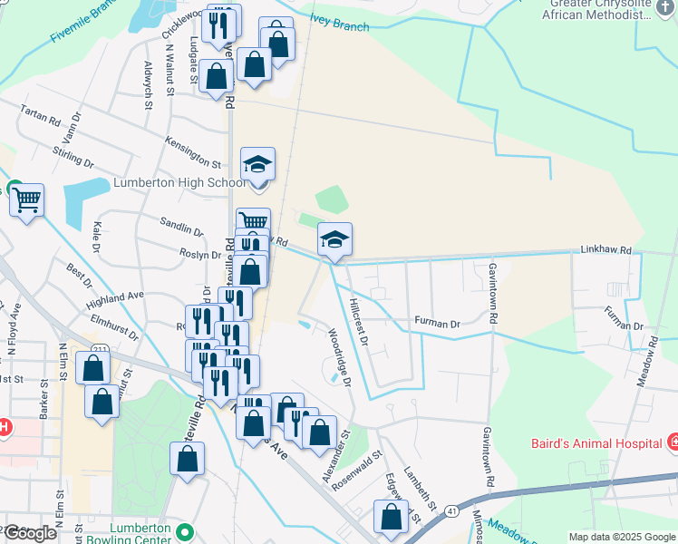 map of restaurants, bars, coffee shops, grocery stores, and more near 950 Linkhaw Road in Lumberton