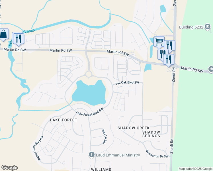 map of restaurants, bars, coffee shops, grocery stores, and more near 77 Lake Forest Boulevard Southwest in Huntsville
