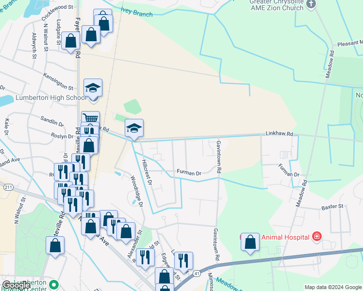 map of restaurants, bars, coffee shops, grocery stores, and more near 3721 Deacon's Road. in Lumberton