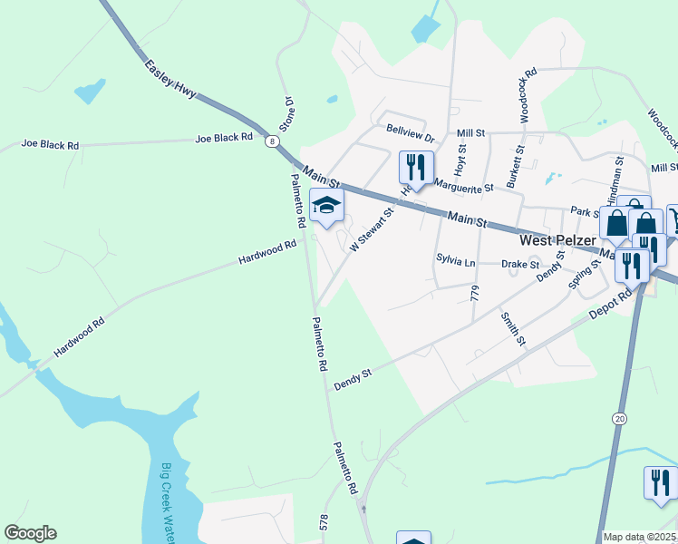 map of restaurants, bars, coffee shops, grocery stores, and more near 11 West Stewart Street in Pelzer