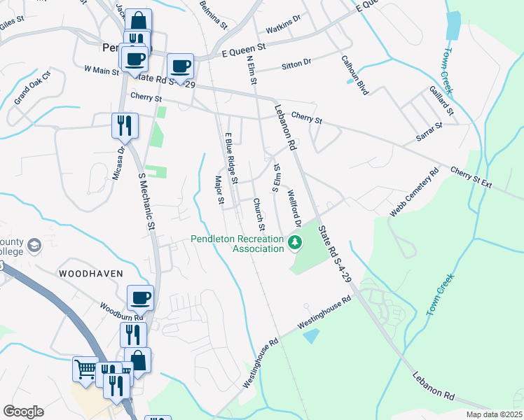 map of restaurants, bars, coffee shops, grocery stores, and more near 404 Church Street in Pendleton