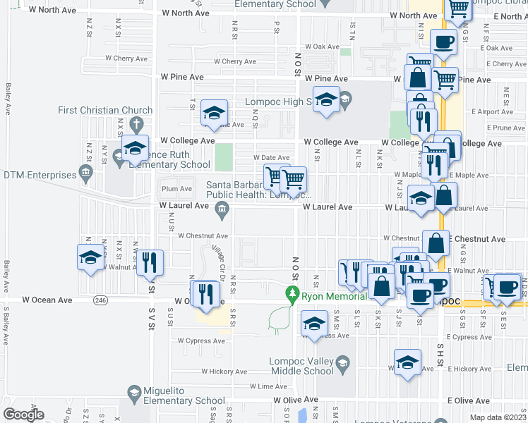 map of restaurants, bars, coffee shops, grocery stores, and more near 904 West Laurel Avenue in Lompoc