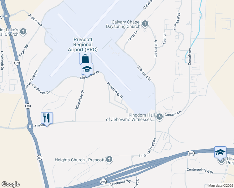 map of restaurants, bars, coffee shops, grocery stores, and more near 2168 Clubhouse Drive in Prescott