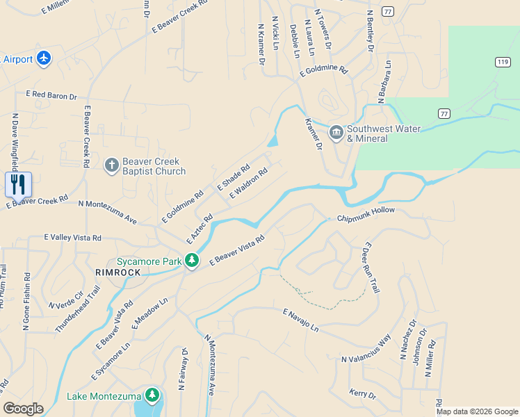 map of restaurants, bars, coffee shops, grocery stores, and more near 4365 East Aztec Road in Lake Montezuma