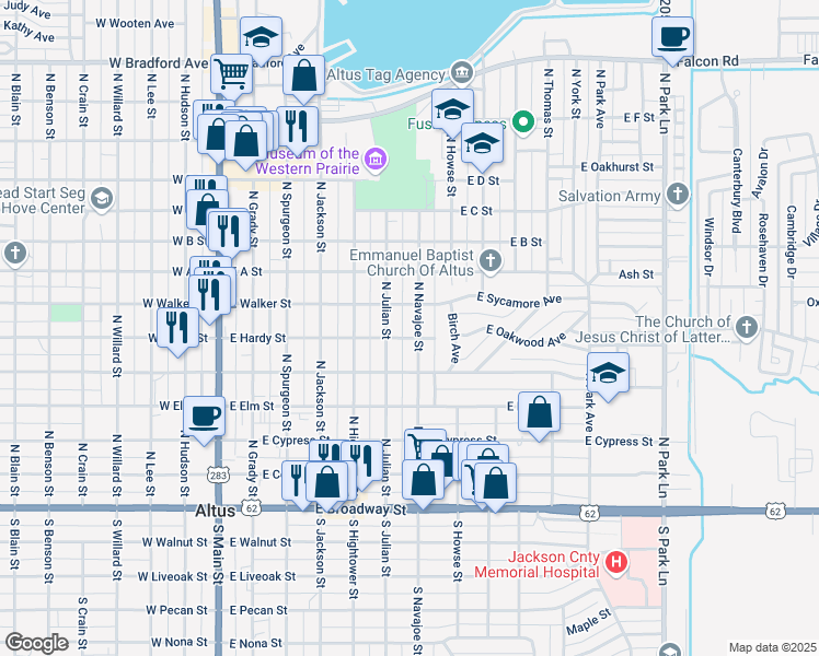 map of restaurants, bars, coffee shops, grocery stores, and more near 612 North Julian Street in Altus