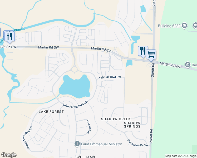 map of restaurants, bars, coffee shops, grocery stores, and more near 77 Lake Forest Boulevard Southwest in Huntsville