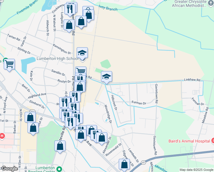 map of restaurants, bars, coffee shops, grocery stores, and more near 950 Linkhaw Road in Lumberton