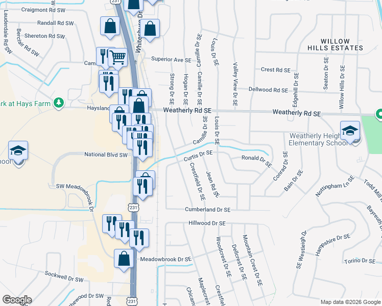 map of restaurants, bars, coffee shops, grocery stores, and more near 10025 Camille Drive Southeast in Huntsville