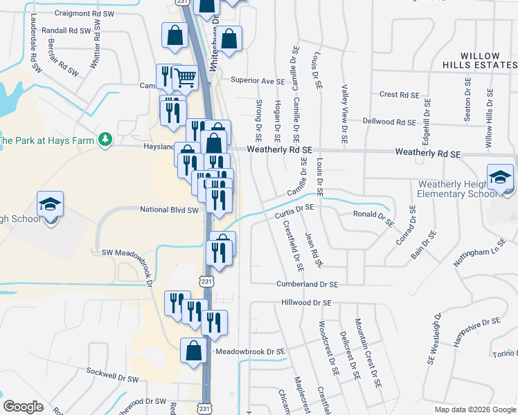 map of restaurants, bars, coffee shops, grocery stores, and more near 10020 Strong Drive Southeast in Huntsville