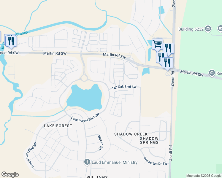 map of restaurants, bars, coffee shops, grocery stores, and more near 77 Lake Forest Boulevard Southwest in Huntsville