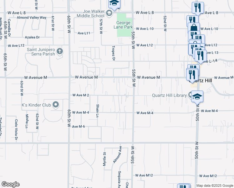map of restaurants, bars, coffee shops, grocery stores, and more near 5603 West Avenue M 2 in Lancaster