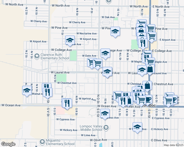 map of restaurants, bars, coffee shops, grocery stores, and more near 820 West Laurel Avenue in Lompoc