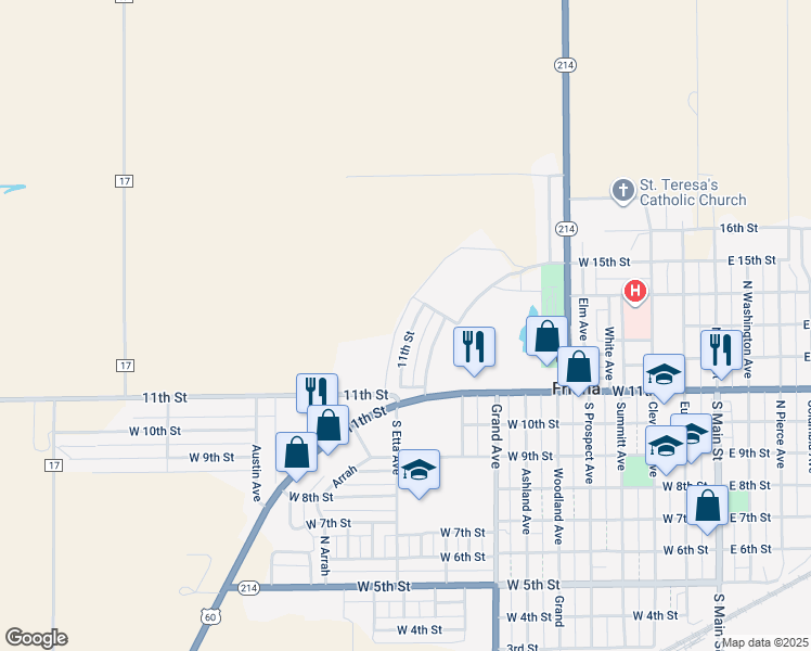 map of restaurants, bars, coffee shops, grocery stores, and more near 1103-1133 11th St in Friona