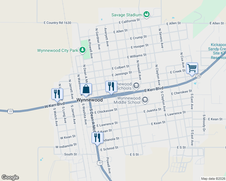 map of restaurants, bars, coffee shops, grocery stores, and more near 108 North Robberson Avenue in Wynnewood