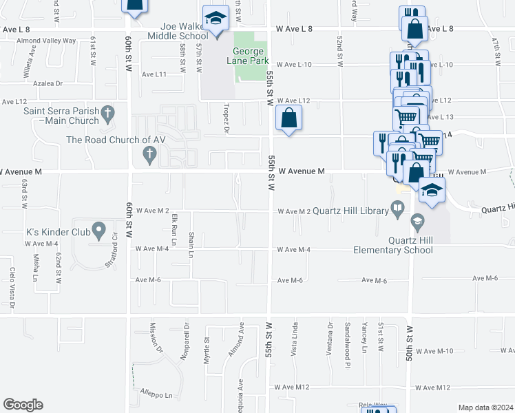 map of restaurants, bars, coffee shops, grocery stores, and more near 5527 West Avenue M 2 in Lancaster