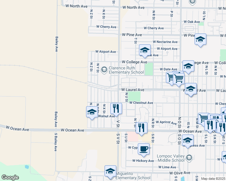 map of restaurants, bars, coffee shops, grocery stores, and more near 325 V Street in Lompoc