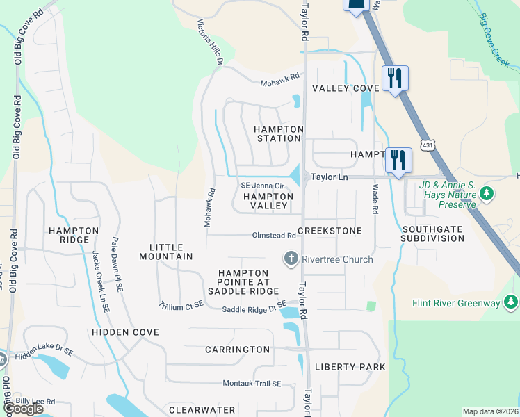 map of restaurants, bars, coffee shops, grocery stores, and more near 6807 Southeast Laura Brooke Drive in Owens Cross Roads