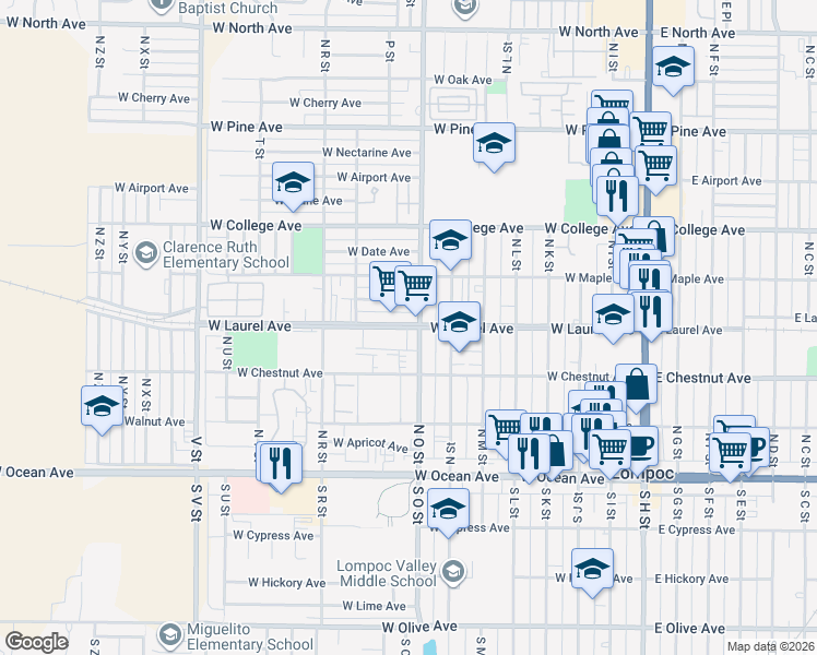 map of restaurants, bars, coffee shops, grocery stores, and more near 719 West Laurel Avenue in Lompoc
