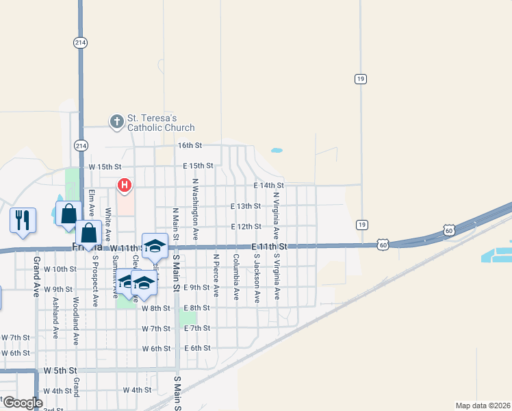map of restaurants, bars, coffee shops, grocery stores, and more near East 13th Street in Friona