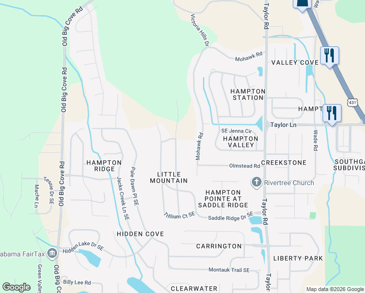 map of restaurants, bars, coffee shops, grocery stores, and more near 7035 Ridge Crest Road Southeast in Owens Cross Roads