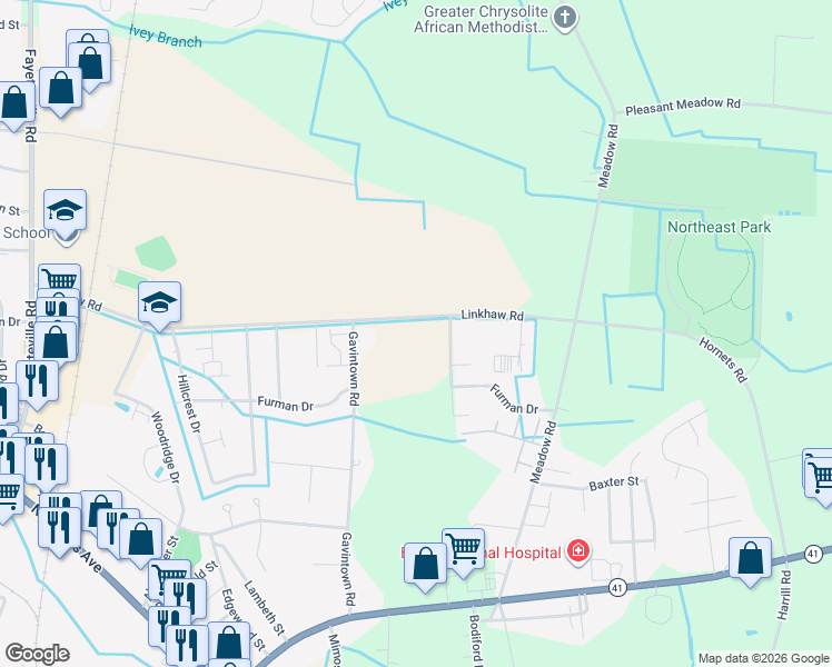 map of restaurants, bars, coffee shops, grocery stores, and more near 1270 Linkhaw Road in Lumberton
