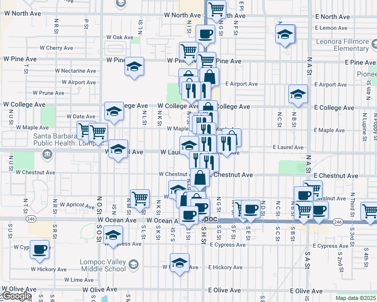 map of restaurants, bars, coffee shops, grocery stores, and more near 400 North I Street in Lompoc