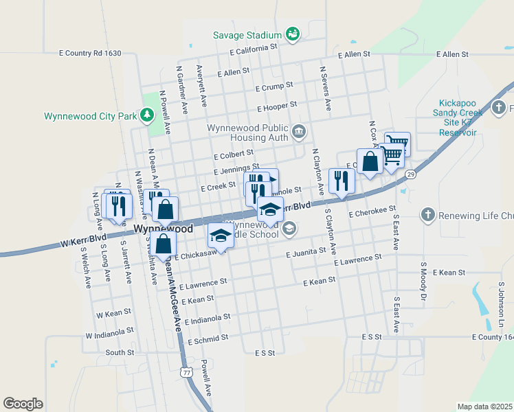 map of restaurants, bars, coffee shops, grocery stores, and more near 102 North Carr Avenue in Wynnewood