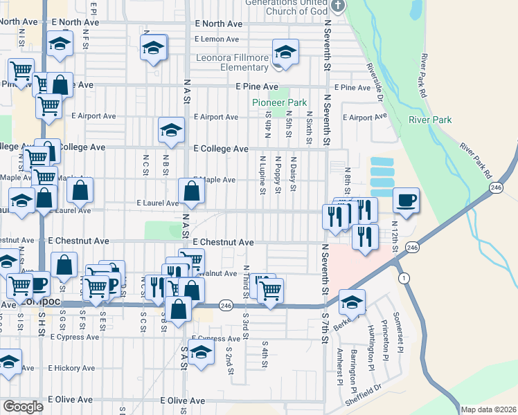 map of restaurants, bars, coffee shops, grocery stores, and more near 400 North Lupine Street in Lompoc