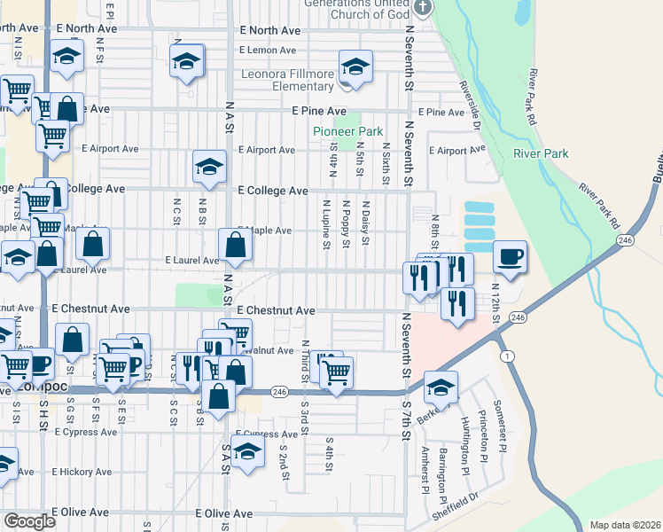 map of restaurants, bars, coffee shops, grocery stores, and more near 400 North Lupine Street in Lompoc