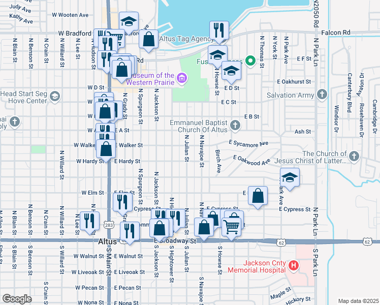 map of restaurants, bars, coffee shops, grocery stores, and more near 612 North Julian Street in Altus