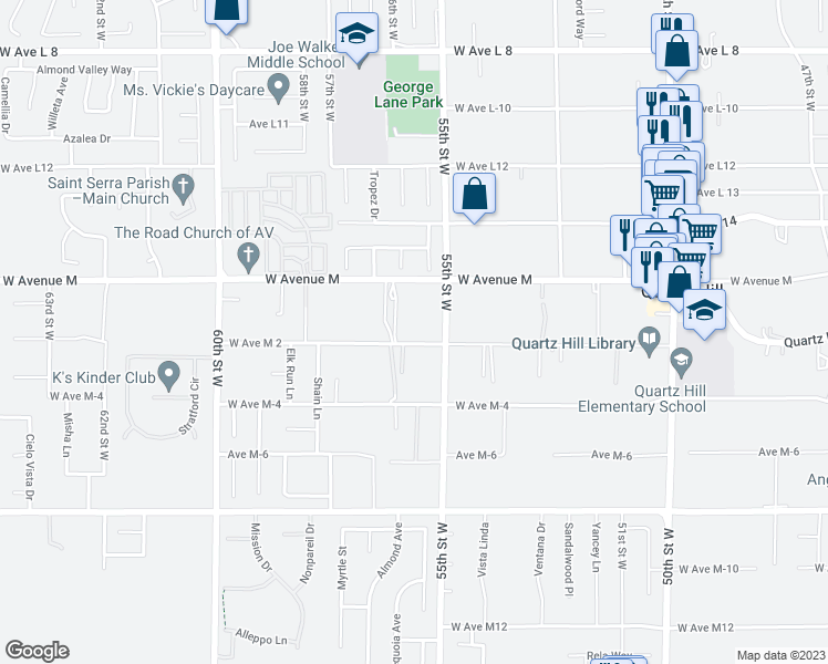 map of restaurants, bars, coffee shops, grocery stores, and more near 5533 West Avenue M 2 in Lancaster
