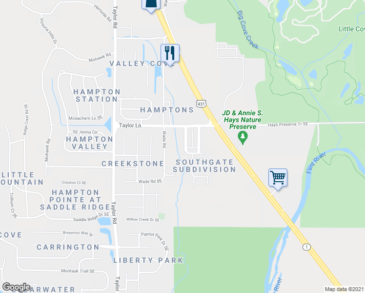 map of restaurants, bars, coffee shops, grocery stores, and more near 7014 Southgate Drive Southeast in Owens Cross Roads