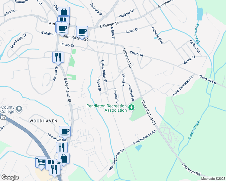 map of restaurants, bars, coffee shops, grocery stores, and more near 404 Church Street in Pendleton