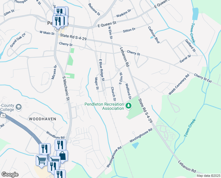 map of restaurants, bars, coffee shops, grocery stores, and more near 404 Church Street in Pendleton