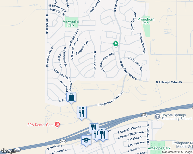 map of restaurants, bars, coffee shops, grocery stores, and more near 7498 East Sunrise Place in Prescott Valley