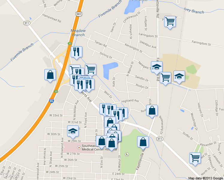 map of restaurants, bars, coffee shops, grocery stores, and more near 3680 Kale Drive in Lumberton